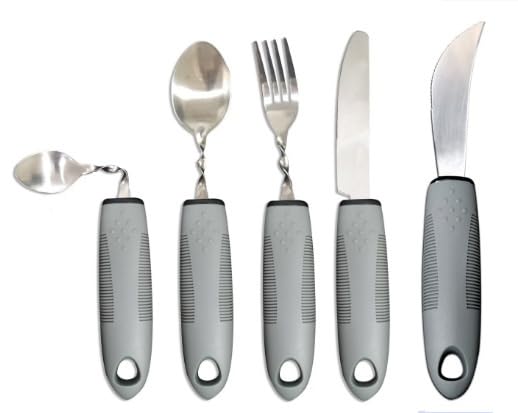 Bendable Extra Wide Handles Easy Grip Cutlery Set of 5 Disability Aids, Large Wide Handled Disability Ideal Dining aid for Elderly Disabled Arthritis People Parkinson (5Pcs Grey)