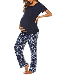 Ekouaer Women's Maternity Nursing Pajamas Sets Breastfeeding Printed Sleepwear Short Sleeve 2 Pcs Henley Top and Pants Set