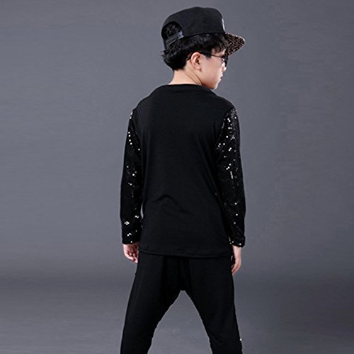 DREAMOWL Girls Boys Sequin Hip Hop Dance Costumes Ballroom Modern Jazz Clothing Top Pants (Black, 10-12)