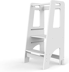 MOAMUN Kitchen Step Stool for Kids Toddler, Kitchen Bathroom Helper Furniture with Adjustable Platform Height -Wooden Montessori Standing Tower(White)