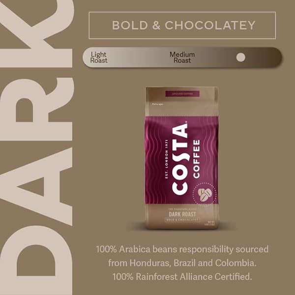 COSTA COFFEE WHOLE BEAN COFFEE, SIGNATURE BLEND DARK ROAST, 12OZ EACH, RAINFOREST ALLIANCE CERTIFIED