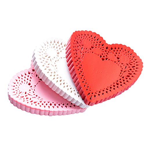 4 Inch Mini Valentine Heart Doilies Cutouts Lace Paper with 3 Colors Red, Pink and White for Valentine's Day Party (300 Pieces)