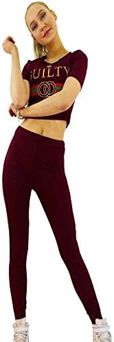 Thever Women Ladies Guilty Print S-Slv Contrast Side Stripe CO Ord Set Crop Top Jog Pant Tracksuit (Wine, S/M-US(6-8))
