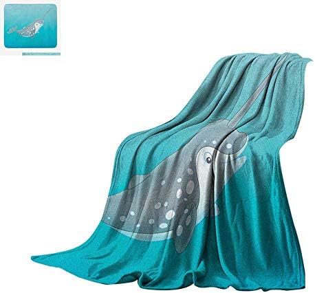 Narwhal Throw Blanket Cartoon Style Drawing of an Arctic Narwhal Whale with White Spots Aquatic Print Artwork Image 50"x30" Seafoam Grey White