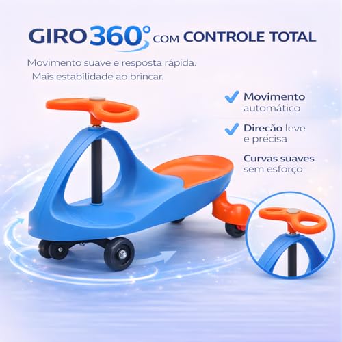 Carrinho Gira Gira Infantil Twist Rolimã, Movimento por Balanço do Volante, Suporta até 70 kg (Azul/Laranja)