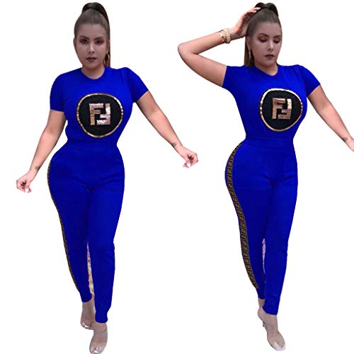 Deloreva Women Two Piece Outfits - Short Sleeve Summer Sweatsuit Jogging Suit Pants Set Activewear Blue XXL
