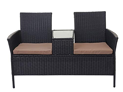 Mendler Poly-Rattan Sitzbank mit Tisch HWC-E24, Gartenbank Sitzgruppe Gartensofa, 132cm - schwarz, Kissen Creme – Bild 4