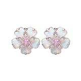 CiNily Flower Opal Earrings Stud, Pink Topaz Zircon Rhodium Plated Women Jewelry Gemstone Stud Earrings 12mm-15mm