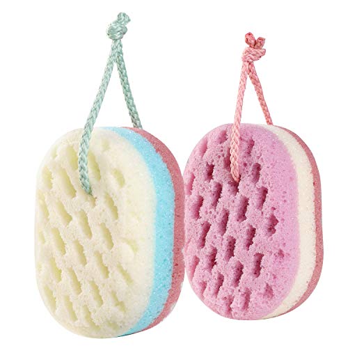KECUCO 2 Pack Soft Bath Sponge for Women, Men, 100% All Natural Fiber Body Sponge, 3 Colors & Extra Large Size XL with Fine, Soft, Rich Foam (Children/Kids)