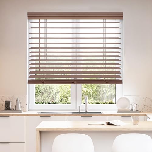 DEZ FURNISHINGS Cordless 2" Faux Wood Blind, 61" W x 48" H, Dark Oak