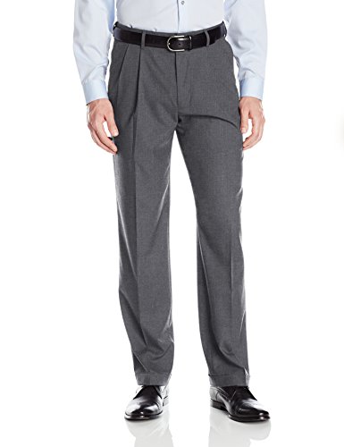 Haggar Men's Premium Stretch Solid Gabardine Expandable Waist Pleat Front Dress Pant, Charcoal, 36Wx30L