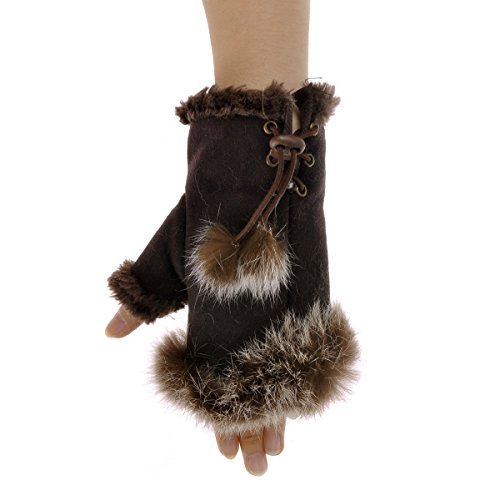 ZLYC Women Teen Classic Winter Warm Rabbit Fur Hands Wrist Fingerless Gloves Mittens Brown