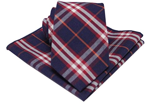 Mens Madras Plaid Tie Set : Necktie with Matching Pocket Square -Various Colors (Navy)
