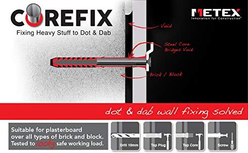 Corefix 24 x 120mm Heavy Duty Dot & Dab Wall Fixings, Plasterboard Over Blockwork Wall Plugs & Screws - Image 3