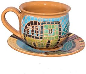 Coffee Cup With Plate and Handle - Handmade and Hand Painted Mosaic Crafted by Jordanian Artisans (3.3" x 2" x 3.3") For Cup (4.9" x 0.7" x 4.9") For Plate