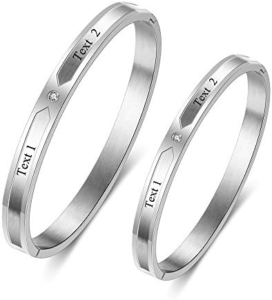 Ashleymade Free Engraving Couples Bangle Bracelets Set for His and Her Personalized Steel CZ Bracelets