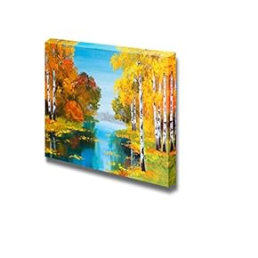 Canvas Prints Wall Art - Oil Painting Style Landscape Birch Forest Near The River | Modern Wall Decor/Home Decoration Stretched Gallery Canvas Wrap Giclee Print. Ready to Hang - 16" x 24"
