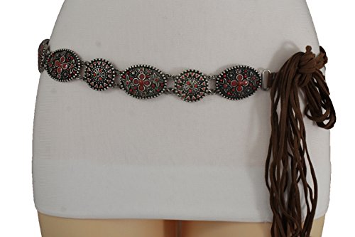 TFJ Women Fashion Brown Tie Belt Bohemian Vintage Silver Metal Charms Red Flower S M