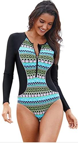 Socluer Women's UV Rash Vest Long Sleeve Floral Printed Rushguard Colorblock Surfing Top Zipped One Piece Swimsuit
