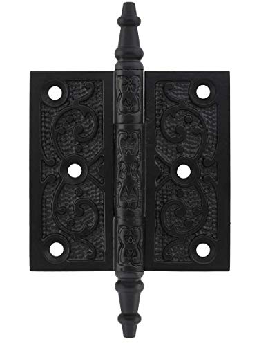 House of Antique Hardware W-04HH-100 Cast Iron Steeple Tip 3" Hinge with Decorative Vine Pattern in Matte Black