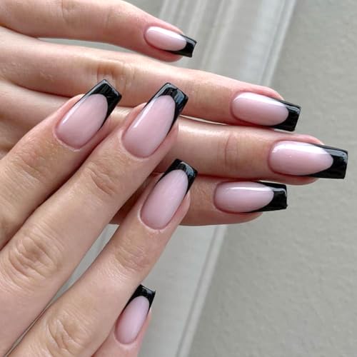 AddFavor French Press-On Nails, 120pcs Black French Tips Long Glossy Nude Gel Press-On Artificial Medium Length False Nails with Adhesive Tab for Women Girls - Image 3