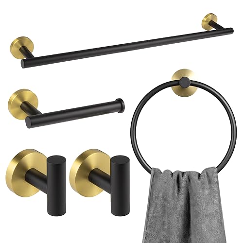 5-Piece Bathroom Hardware Set Black and Gold, Lava Odoro Towel Rack Set Stainless Steel Wall Mounted - Include 23.6 in Bath Towel Bar, 2 Robe Towel Hooks, Toilet Paper Holder and Towel Ring