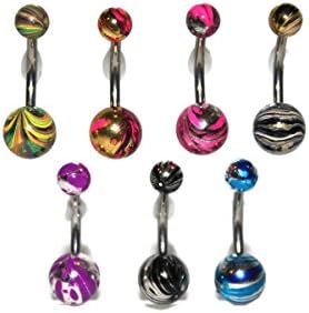 Clear Electric Coated Marble Swirl Surgical Steel Belly Rings 7 Piece Value Set