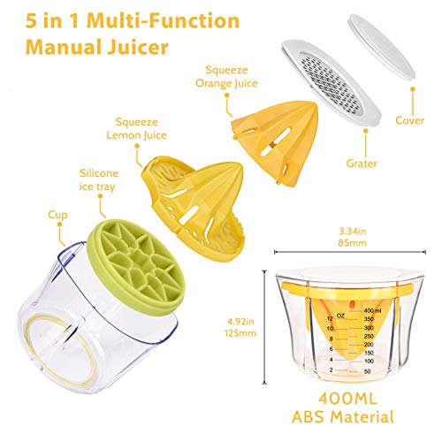 Citrus Lemon Orange Manual Juicer, Multifunctional Hand Squeezer with Built-in Measuring Cup, Grater and Strainer, and Containing Silicone Ice Cube Trays, for Oranges, Lemons, Limes & More (14 OZ)