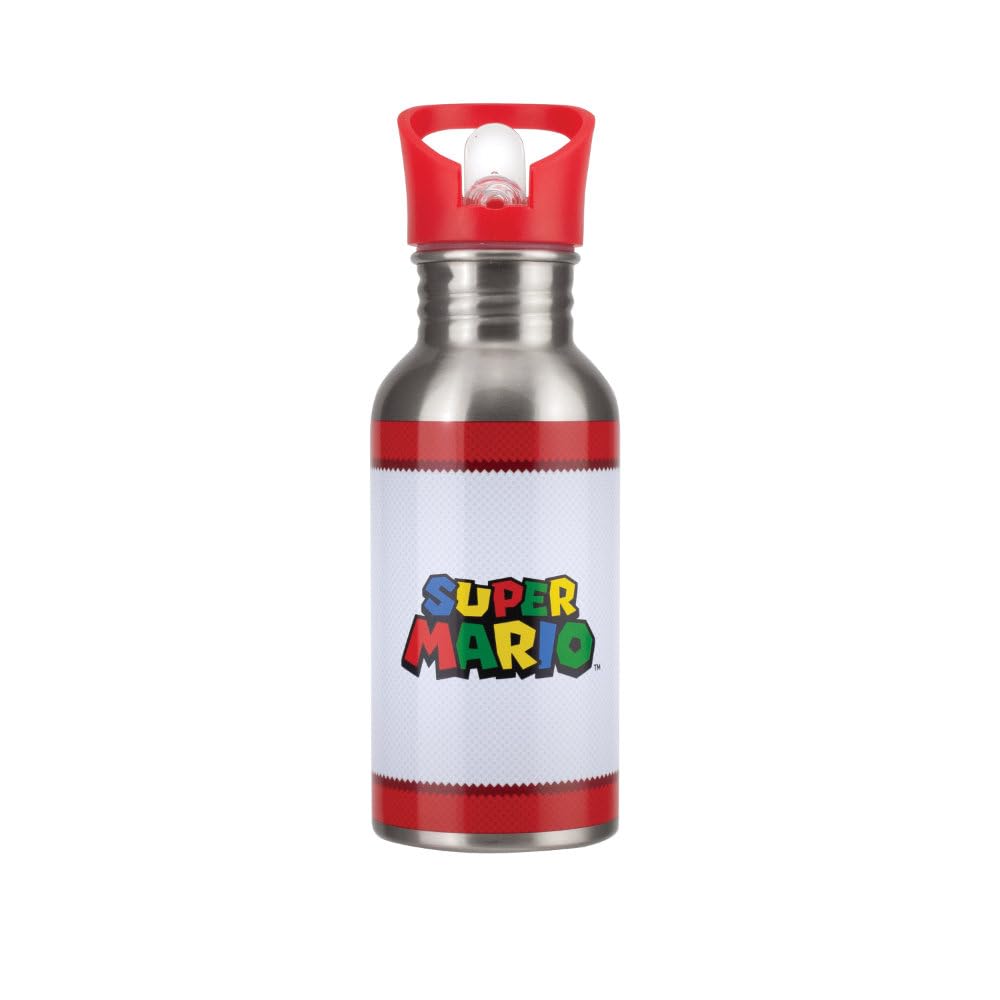 Paladone Super Mario Metal Water Bottle with Straw - Officially Licensed Nintendo Stainless Steel Drinks Bottle, Novelty Gift for Retro Gamers, 450 ml (16 fl oz)
