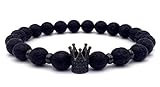 Men's & Women's Imperial Crystal Crown Charm Antique Beaded Natural Stones Bracelet, Black Color