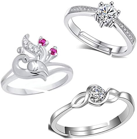 Lady touch Latest Combo Classic Peacock with Trendy One American Diamond Silver Rodium Plated Adjustable Finger Ring's for Girl's and Women's (Free Size) (Set of 3)