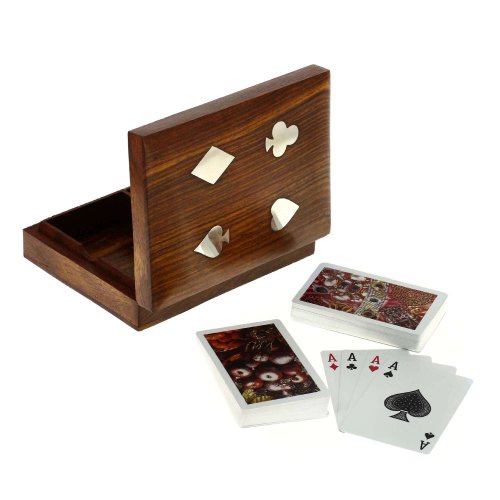 Wooden box case double playing cards set holder artisan crafted