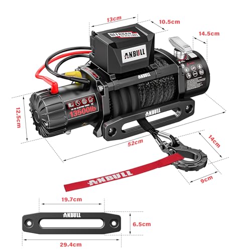 Anbull Electric Winch 12 V 13500 LBS/6150 kg, Synthetic Rope 9.5 mm x 26 m, IP67, 6.6 HP, Compatible with 4X4, Quad, Crosser, 4X4 Off-Road Jeep, Toy, Boat Trailer