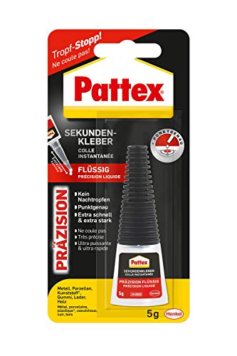Pattex Sekundenkleber Präzision, Superkleber für punktgenaues Kleben ohne Nachtropfen, schnelltrocknender, spülmaschinenfester Flüssigkleber, 1x 5 g Flasche