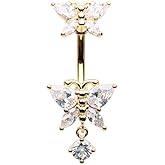 Pierced Owl 14GA Stainless Steel CZ Crystal Double Butterfly with Dangling Drop Belly Button Ring