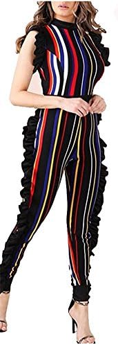 Caumoo Women's Sleeveless Stripe Ruffle Mesh Long Pants Party Jumpsuits Romper Red XL