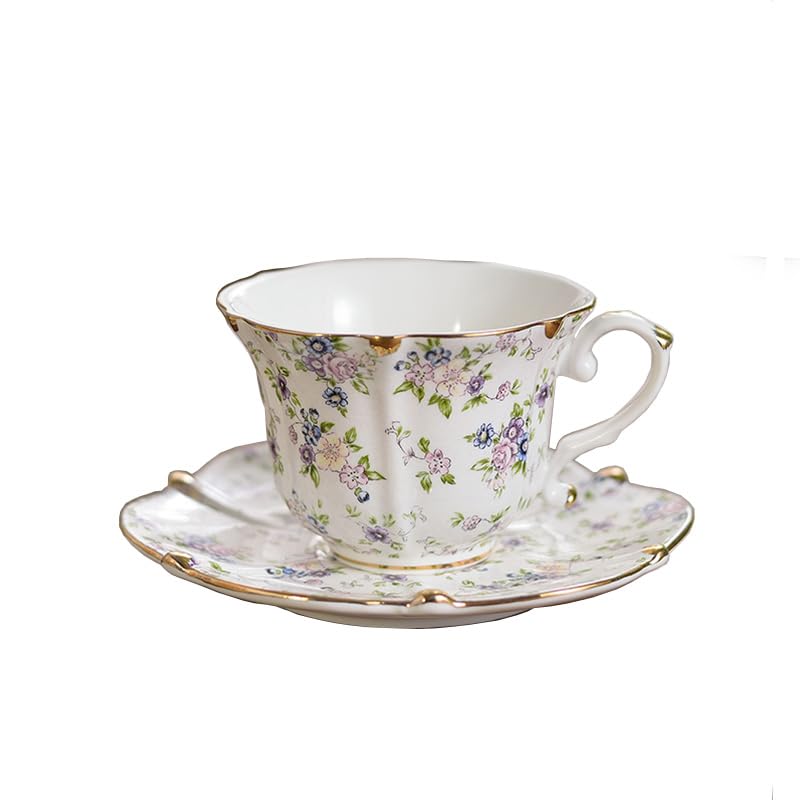 FUENYEJIA 200ML English Porcelain　Ceramic Coffee Cup, European-Style Patterned Tea Cup and Saucer Set, Retro Luxury Gold-Trimmed Afternoon Tea Cup (Floral)