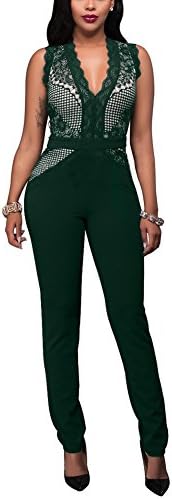 Engood Women's Sexy Deep V Neck Sleeveless Lace Mesh Club Bodycon One Piece Jumpsuit Romper Tight Overalls Leotard
