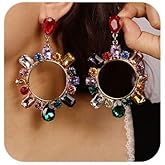 Missgrace Women Silver Colorful Rhinestone Circle Earrings Dangling Sparkly Dangle Earrings Chandelier Earrings Tassel Large Studs Crystal Statement Earrings for Women