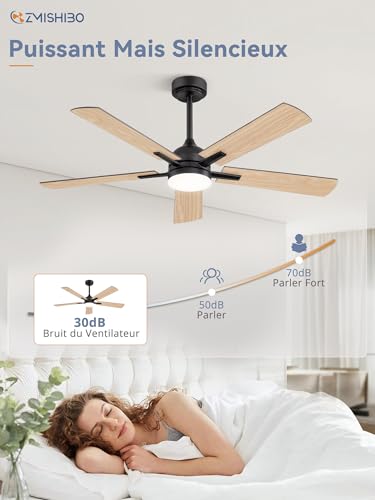 ZMISHIBO Ceiling Fan with Light Ø132 cm, Energy Efficient DC Motor, 6 Speed, 3 Color Temperatures (3000K/4000K/6000K), Modern Design, Ceiling Fan with Remote Control