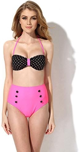 Women's Bikini, Sexy Polka Dot One Piece Pink Swim Suit with Bandeau Top and Highwaist bottom, Medium