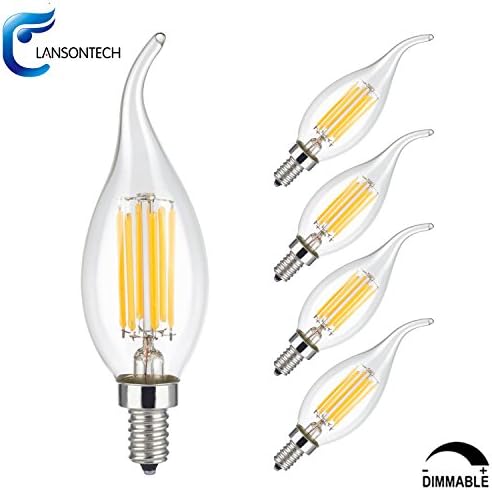 LANSONTECH 6-Watt LED Filament Candelabra Light Bulb, Dimmable, Warm White 2700K, 60-Watt Incandescent Replacement, 600 Lumens, E12 Candelabra Base, C35 Flame Shape Bent Tip, 5 Pack