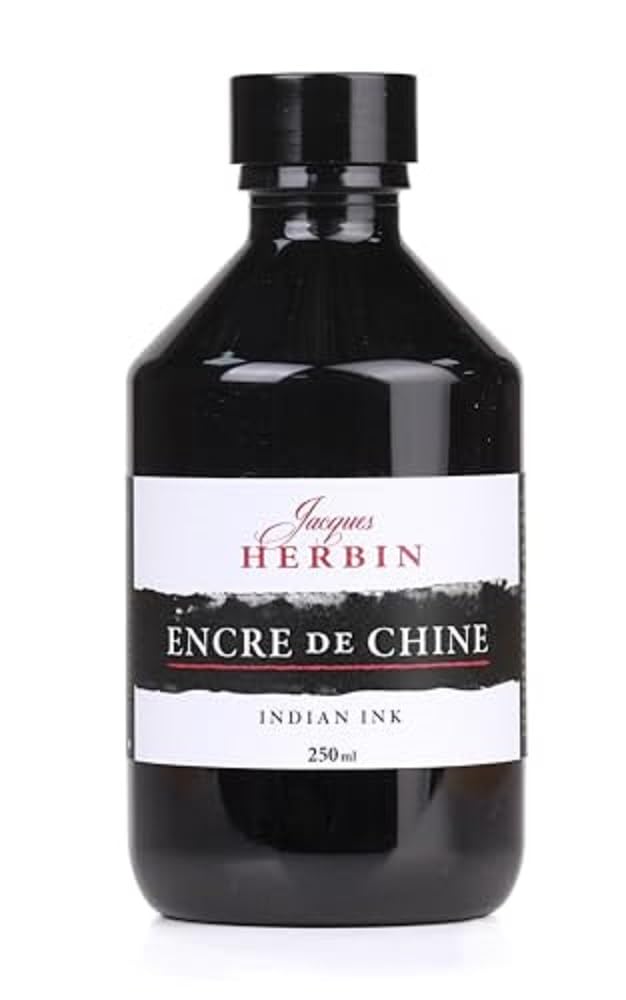 Jacques Herbin 11109T - A Bottle of Black Indian Ink, 250 ml- Artist Tool - Calligraphy, Writing, Creative Nib Holder and Brush only - Leisure Concentrated