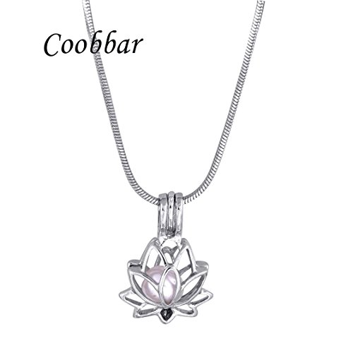 Coobbar 1pcs Hollow Pearl Bead Cage Pearl Pendant 2pcs Necklace Charm Necklace Include 4pcs Pearl for DIY Necklace (Lotus Locket)