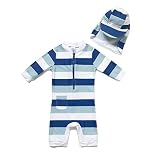 BONVERANO Kids UPF 50+ Sun Protection 3/4 Sleeves One Piece Zip Sunsuit with Sun Hat (3-6 Months, 2Stripes)
