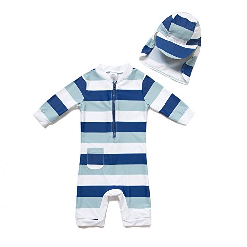 BONVERANO Kids UPF 50+ Sun Protection 3/4 Sleeves One Piece Zip Sunsuit with Sun Hat (3-6 Months, 2Stripes)