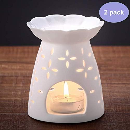 NJCharms Essential Oil Burner,Ceramic Candle Powered Aroma Lamp Wax Burner for Home Office Baby,White Carved Clover (Set of 2)