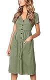 Angashion Women's Dresses-Short Sleeve V Neck Button T Shirt Midi Skater Dress with Pockets Grey Green
