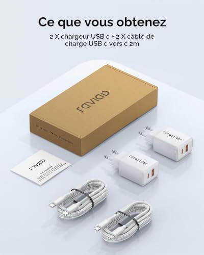 30W Chargeur USB C Rapide 2Pack 2Port GaN Chargeur USB avec Câble 2M