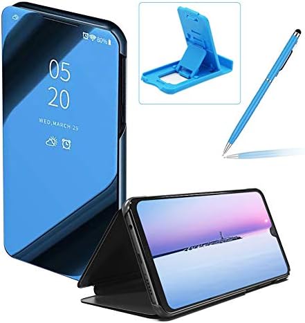 Clear Window View Case for Huawei P30 Lite,Bookstyle Mirror Flip Cover for Huawei P30 Lite,Herzzer Luxury Noble Blue Mirror Effect Plated Metal Electroplate PU Leather Case with Stand